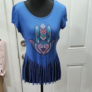 BONGO Blue Graphic Fringe Hem Tee